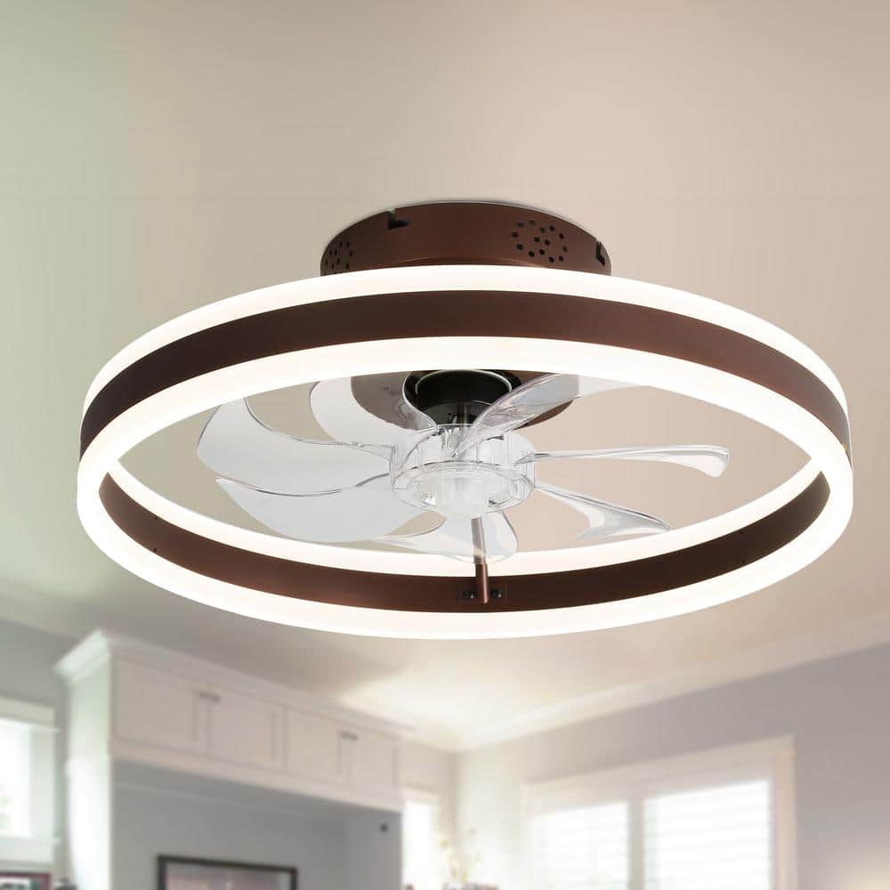 Oaks Aura 20 in. Integrated LED Indoor Brown Modern Flush Mount Low Profile Ceiling Fan with Light, Smart App Remote Control
