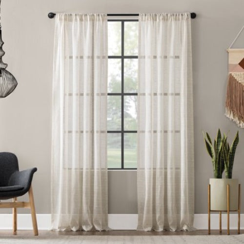 CLEAN WINDOW Aya Textured Slub Stripe Linen Blend 52 in. W X 63 in. L Sheer Rod Pocket Curtain Panel in Linen