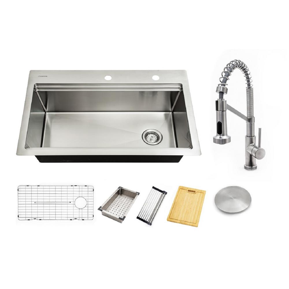 Glacier Bay All-in-One Drop-in/Undermount Stainless Steel 33 in. Single Bowl Workstation Kitchen Sink with Faucet and Accessories, Silver