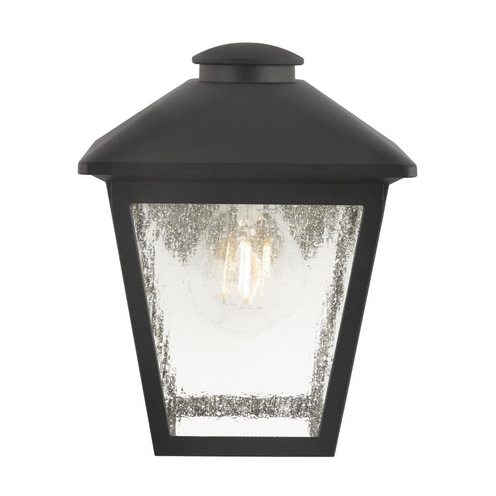 Hampton Bay Malena 1-Light Black Hardwired Outdoor Wall Lantern Sconce Light with Clear Seeded Glass